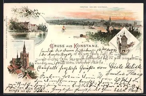 Lithographie Konstanz, Inselhotel, Münster, Schetztor