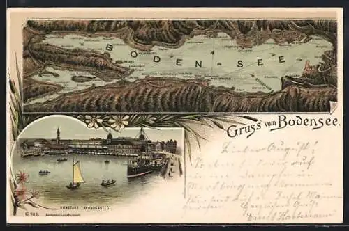 Lithographie Konstanz, Karte vom Bodensee und Landungssteg