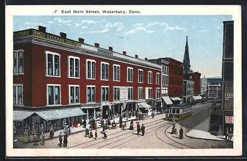 AK Waterbury, Conn., East Main Street, Strassenpartie mit Strassenbahn