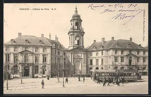 AK Rennes, L`Hôtel de Ville, Strassenbahn