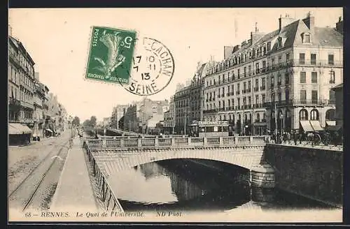 AK Rennes, Le Quai de l`Université, Strassenbahn