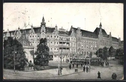 AK Stettin, Berliner Tor mit Oberpostdirektion und Strassenbahn