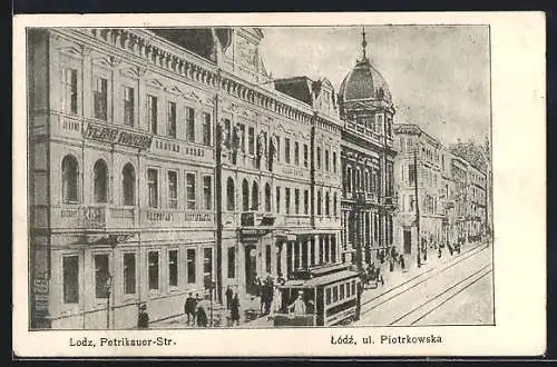 AK Litzmannstadt-Lodz, Strassenbahn in der Petrikauer-Strasse