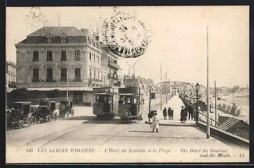 AK Les Sables-d`Olonne, L`Hôtel du Remblai et la Plage, Strassenbahn