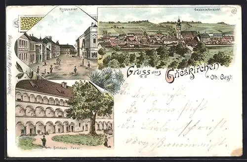 Lithographie Grieskirchen, Rossmarkt, Schloss Parzs, Gesamtansicht