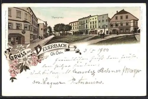 Lithographie Peuerbach, Marktplatz mit Geschäften und Passanten