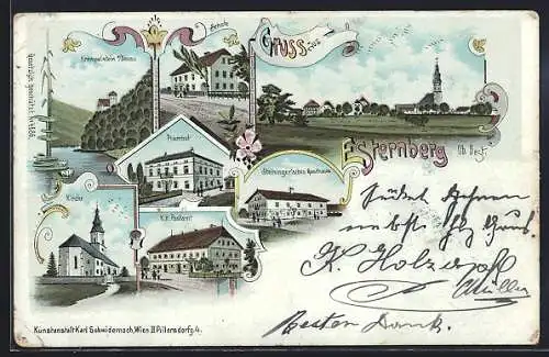 Lithographie Esternberg /Ob. Oest., Kirche, Steininger`sches Gasthaus und Pfarrhof