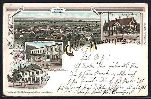 Lithographie Munderfing, Forsthaus, Post- und Telegrafenamt, Hotel Graf