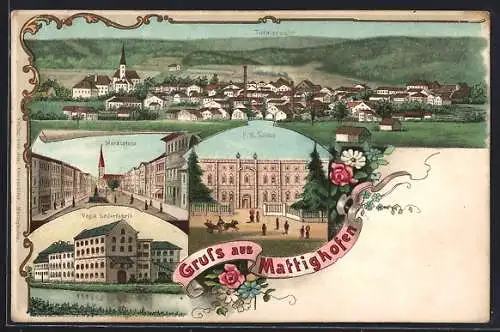 Lithographie Mattighofen, Marktplatz, Vogl`s Lederfabrik, K. K. Schloss, Ortsansicht