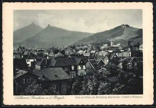 AK Bensheim a. d. Bergstrasse, Totalansicht mit Blick auf Kirchberg, Auerbacher-Schloss u. Melibokus