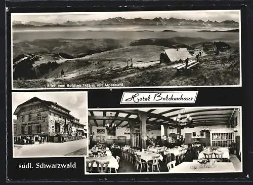 AK Schönau /Schwarzwald, Blick vom Belchen mit Alpensicht und Hotel Belchenhaus