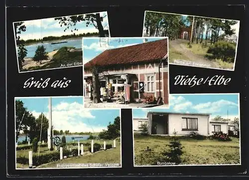 AK Vietze /Elbe, Bungalow, Flaggenmast, Elbepartie