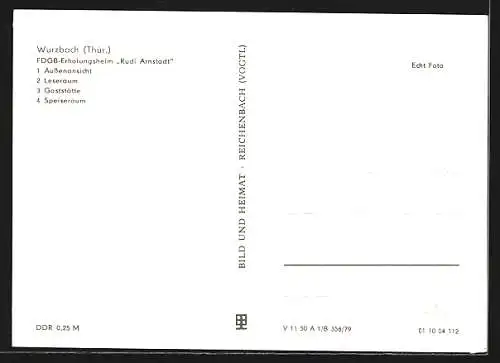 AK Wurzbach, FDGB-Erholungsheim Rudi Arnstadt mit Leseraum, Gasthaus, Speiseraum