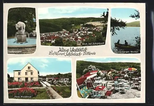 AK Schönbach /Dillkreis, Restaurant Haus Waldblick mit Terrasse, Blick auf Schönbach, Heisterberger Weiher, Dorfbrunnen