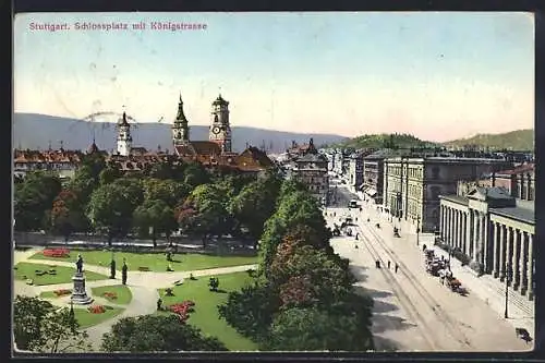 AK Stuttgart, Schlossplatz mit Königstrasse aus der Vogelschau