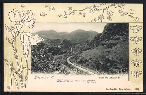 AK Boppard a. Rh., Blick ins Mühltal, Blumen- u. Bienenornamente