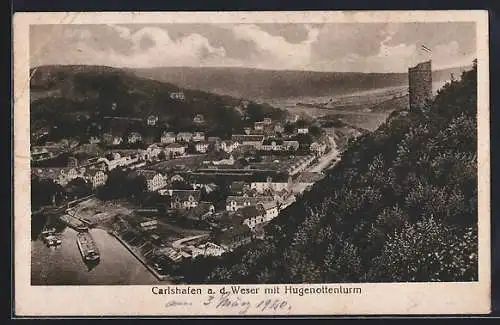 AK Carlshafen a. d. Weser, Ortsansicht mit Hugenottenturm