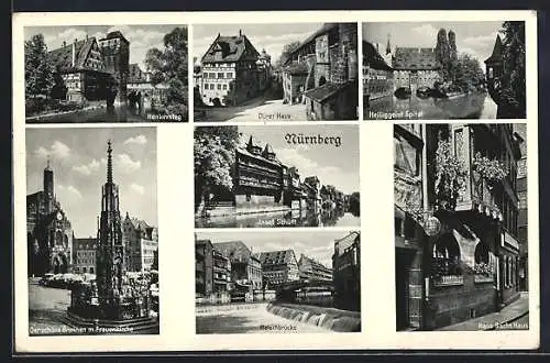 AK Nürnberg, Henkersteg, Dürerhaus, Heiliggeist Spital, Brunnen m. Frauenkirche, Insel Schütt, Fleischbrücke, Haus Sachs