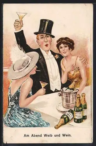 AK Am Abend Weib und Wein, Feierszene mit Sekt