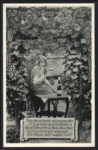 AK Ein Mädchen geniesst deutschen Wein in einer Gartenlaube