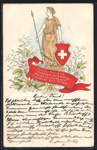 Präge-Lithographie Helvetia, Standbild mit Schweizer Wappen und Blumen