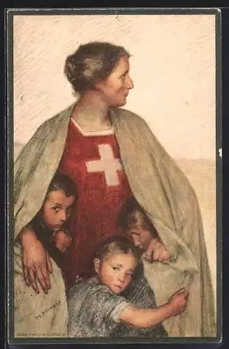 AK Henri Dunant, Schweizer Rotes Kreuz, Helvetia mit Kindern