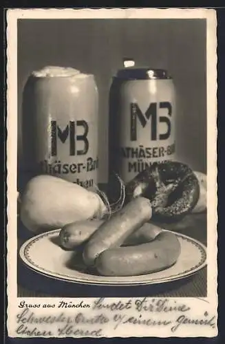 AK Bierkrug MB, Mathäserbräu München, Wurst und Brezel, Gruss aus München