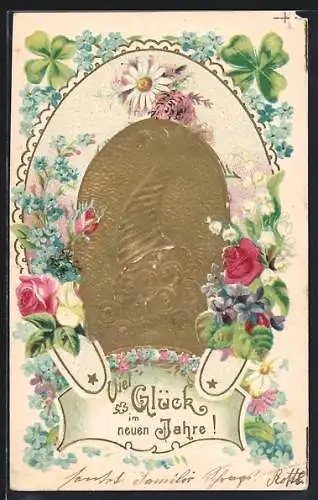 Präge-Lithographie Füllhorn mit Geldmünzen, Bunte Blumen, Neujahrsgruss