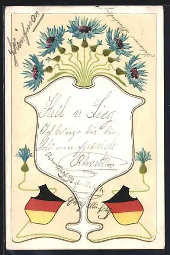 Lithographie Kornblumen-Ornamente und schwarz-rot-goldene Wappen