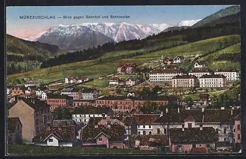 AK Mürzzuschlag, Blick gegen Bahnhof und Schneealpe