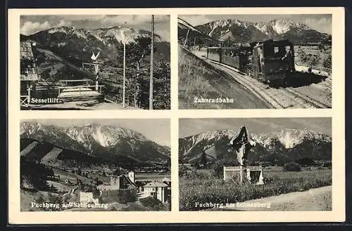 AK Puchberg am Schneeberg, Sessellift, Zahnradbahn, Wegekreuz und Ortsansicht