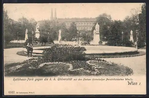 AK Wien, Rathhaus-Park gegen die k. k. Universität mit den Statuen historischer Persönlichkeiten