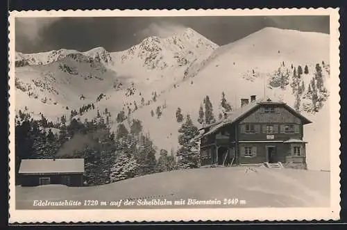 AK Edelraute-Berghütte auf der verschneiten Scheiblalm mit Bösenstein