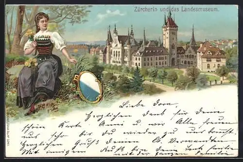 Lithographie Zürich, Landesmuseum mit Frau in Tracht