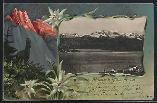 Lithographie Zürich, Zürichsee und Glärnischgruppe, Gams auf Berg mit Edelweiss, Passepartout