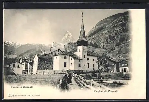 AK Zermatt, Kirche mit Bergen