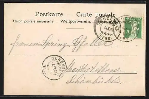 Künstler-AK Gerzensee, Ortsansicht mit Kirche und Gebirgspanorama