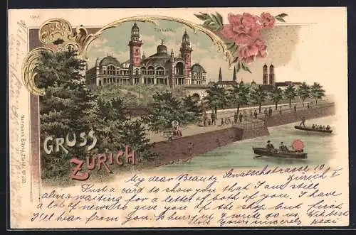 Lithographie Zürich, Tonhalle und Kirche