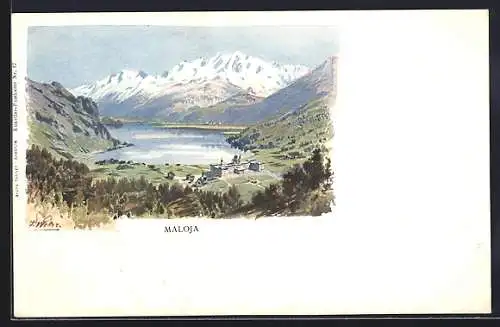 Lithographie Maloja, Ortspartie mit Bergen