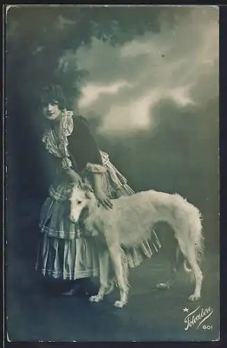 AK Dame mit weissem Borzoi