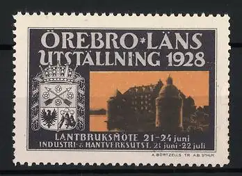 Reklamemarke Örebro, Läns Utställning 1928, Schloss und Wappen