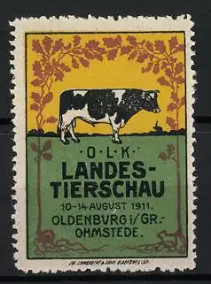 Reklamemarke Oldenburg, O.L.K. Landestierschau 1911, Kuh und Eichenlaub