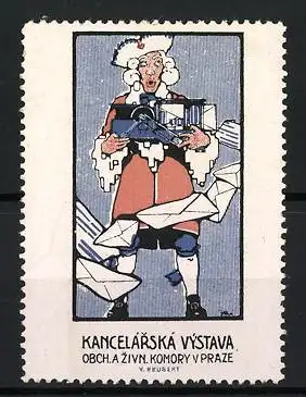 Reklamemarke Prag, Kancelárská Výstava, Mann mit Briefen und Paketen, V. Heusler