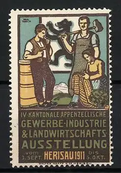 Reklamemarke Herisau, IV. Kantonale Ausstellung 1911, Handwerker mit Bär