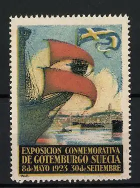 Reklamemarke Göteborg, Exposición Conmemorativa 1923, Segelschiff und Flagge