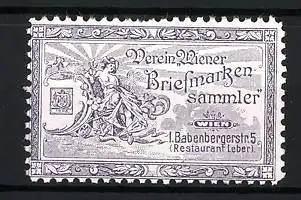 Reklamemarke Wien, Verein Wiener Briefmarkensammler, sitzende Frau mit Briefmarkenbündel