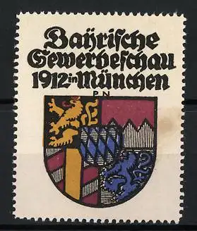 Künstler-Reklamemarke Paul Neu, München, Bayerische Gewerbeschau 1912, Wappen mit Löwe und Rauten