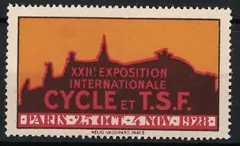 Reklamemarke Paris, XXIIe Exposition Internationale Cycle et T.S.F., Silhouette eines Gebäudes, 1928