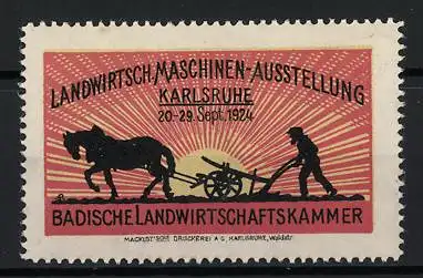 Reklamemarke Karlsruhe, Landwirtschaftsmaschinen-Ausstellung 1924, Pferd und Pflug