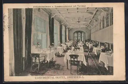 AK Dresden, Continental-Hotel, Frühstückszimmer und Sommerrestaurant mit Terrasse